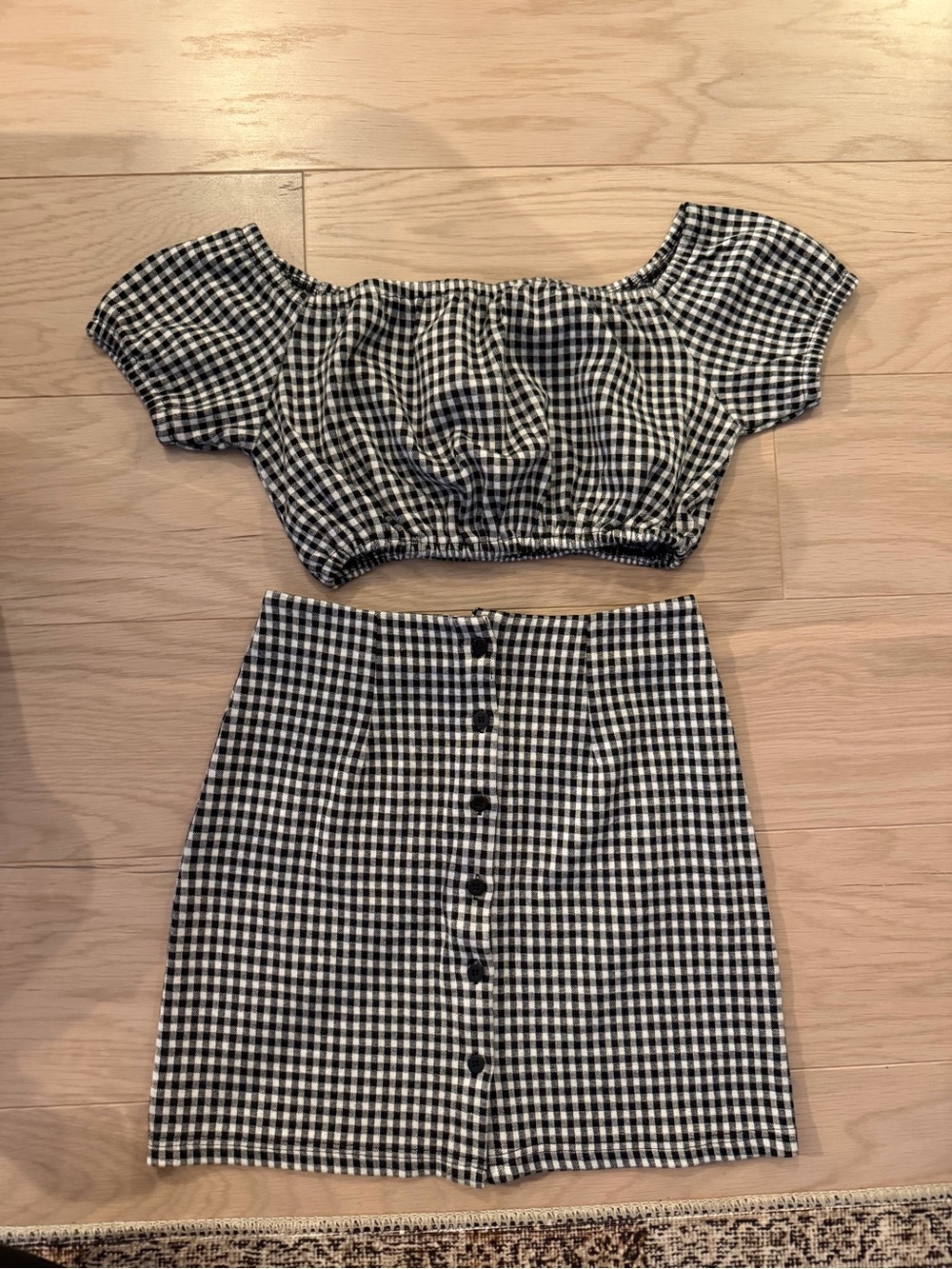 Black and White Gingham Button-Front Mini Skirt and cropped top SET